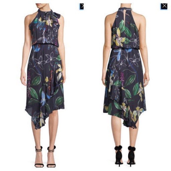 Parker Julieta High Neck Asymmetric Floral Dress